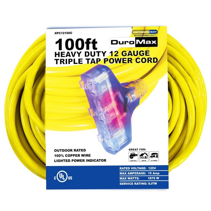 DuroMax 100-ft 12/3 3 Prong Yellow Indoor/Outdoor Heavy Duty Lighted ExtenSion Cord