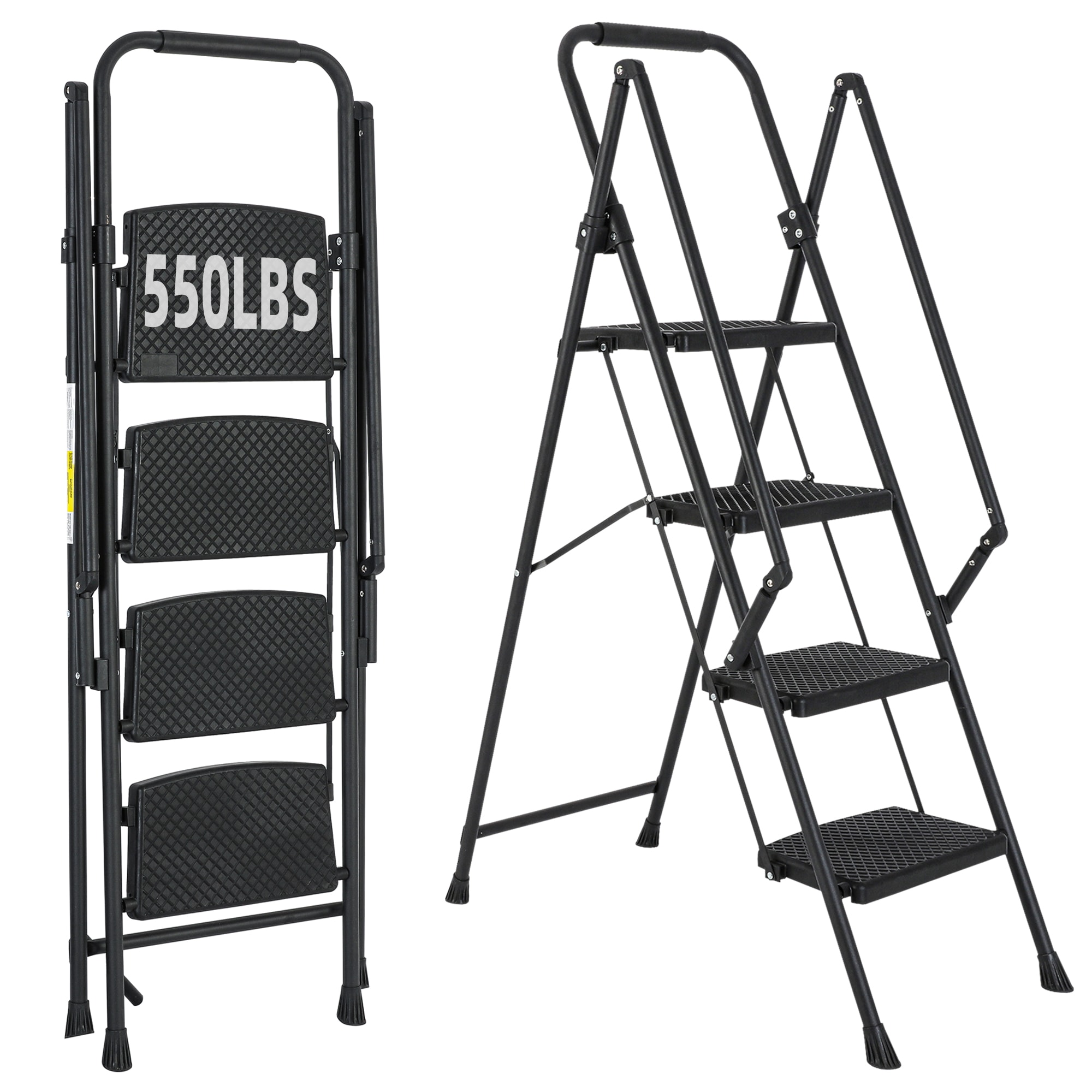 4 Step Ladder 4 -Step 550-lb Capacity Black Steel Foldable Step Stool