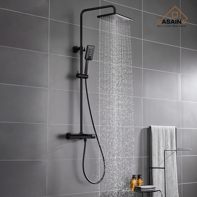 CASAINC Matte Black 12-in Shower Faucet Bar System with 2-way Diverter (Thermostatic Valve Included)