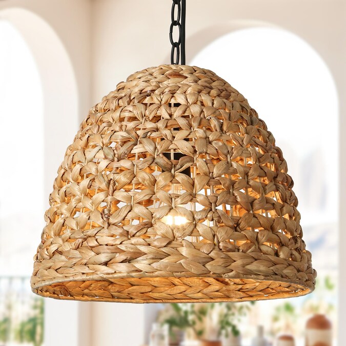 LNC Holophankton Matte Black with Natural Brown Rattan Modern/Contemporary Bell LED Medium Hanging Kitchen Island Light