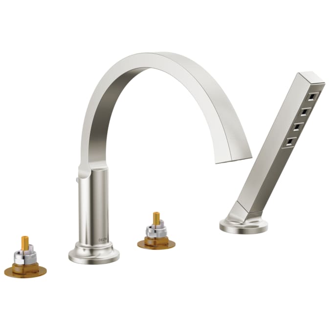 Delta Tetra Lumicoat Stainless Deck-mount Roman High-arc Bathtub Faucet with Hand Shower