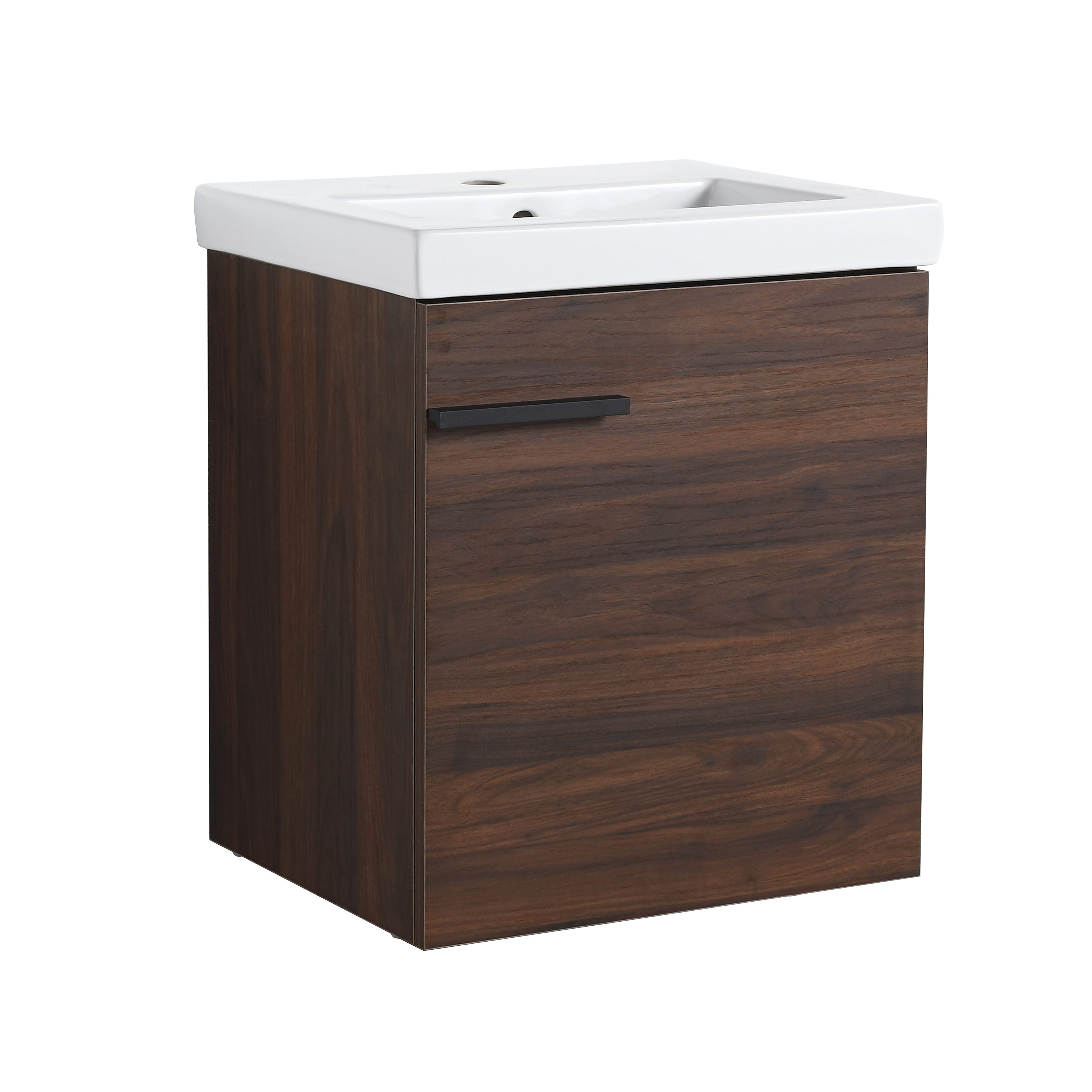 Floating Soft-Closing 18-in California Walnut Single sink Floating Bathroom Vanity with White Ceramic Top