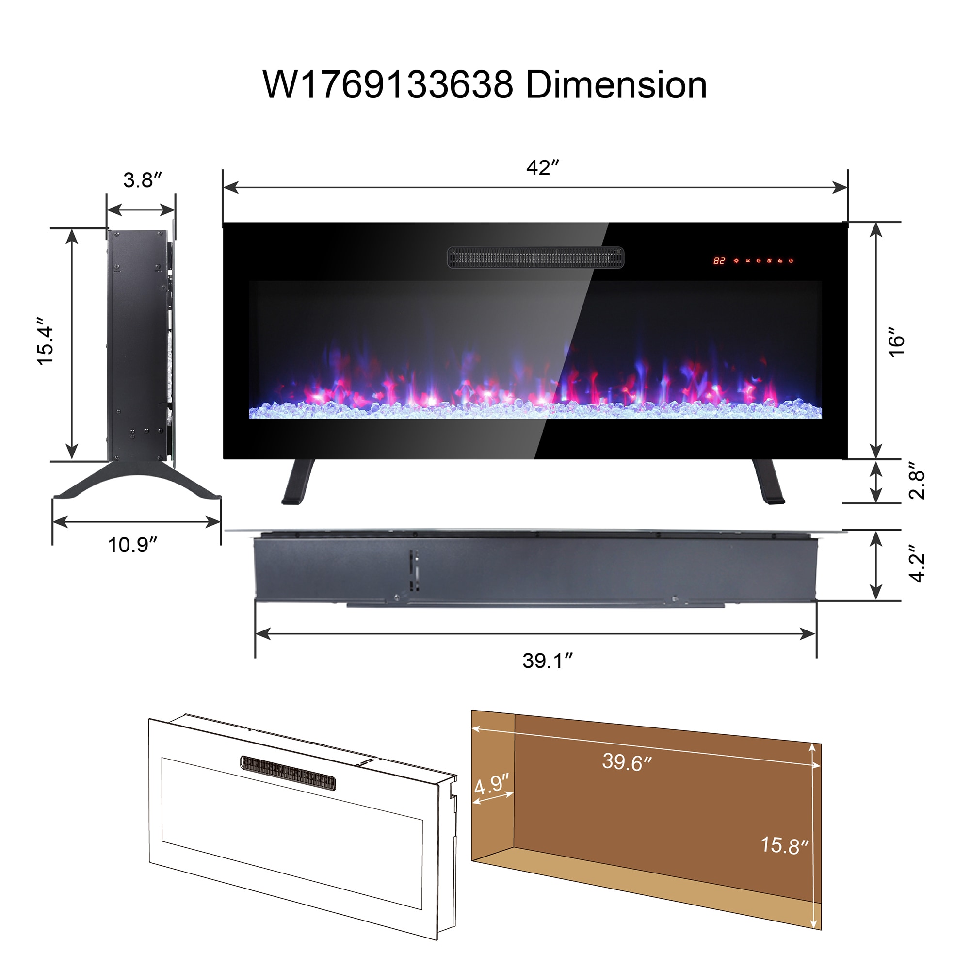 42-Inches W Black Free standing LED Tabletop Electric Fireplace with Remote Control Included - Image 12