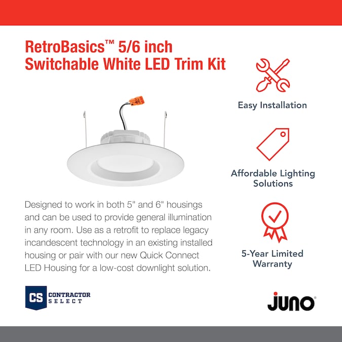 Juno RetroBasics Matte 5-in or 6-in 650-Lumen Switchable White Round Dimmable LED Canned Shower Recessed Downlight (6-Pack) - Image 2