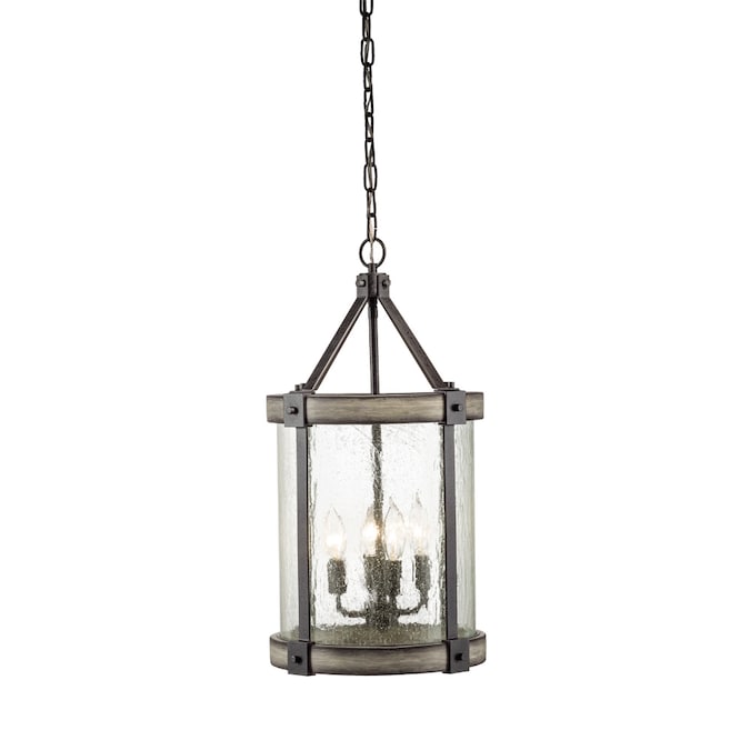 Kichler Barrington 4-Light Anvil Iron and Distressed Antique Grey Rustic Seeded Glass Cylinder Medium Hanging Pendant Light