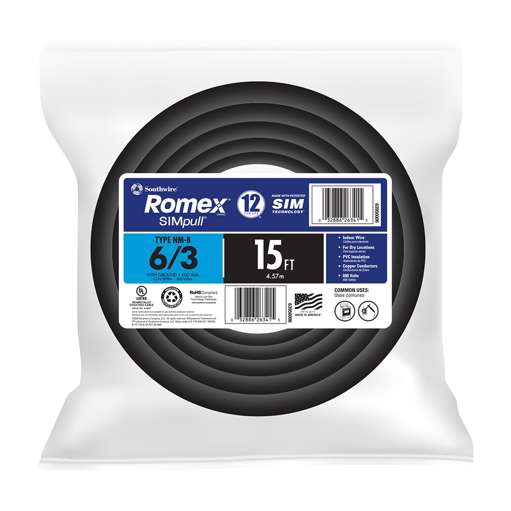 15-Feet 6 / 3 / Romex SIMpull Stranded Indoor CU NM-B W/G Individual pack ( By-the-roll )