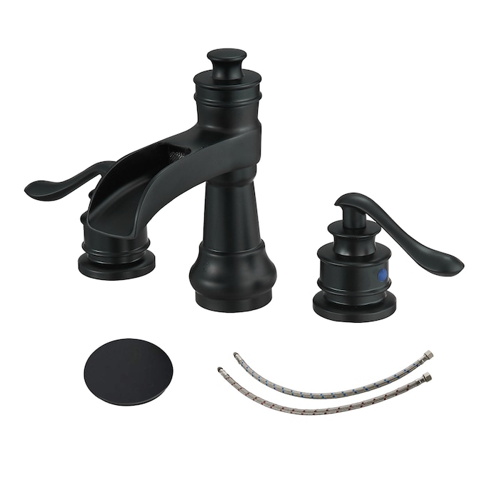 BWE Matte Black Widespread 2-Handle WaterSense Waterfall Bathroom Sink Faucet with Drain