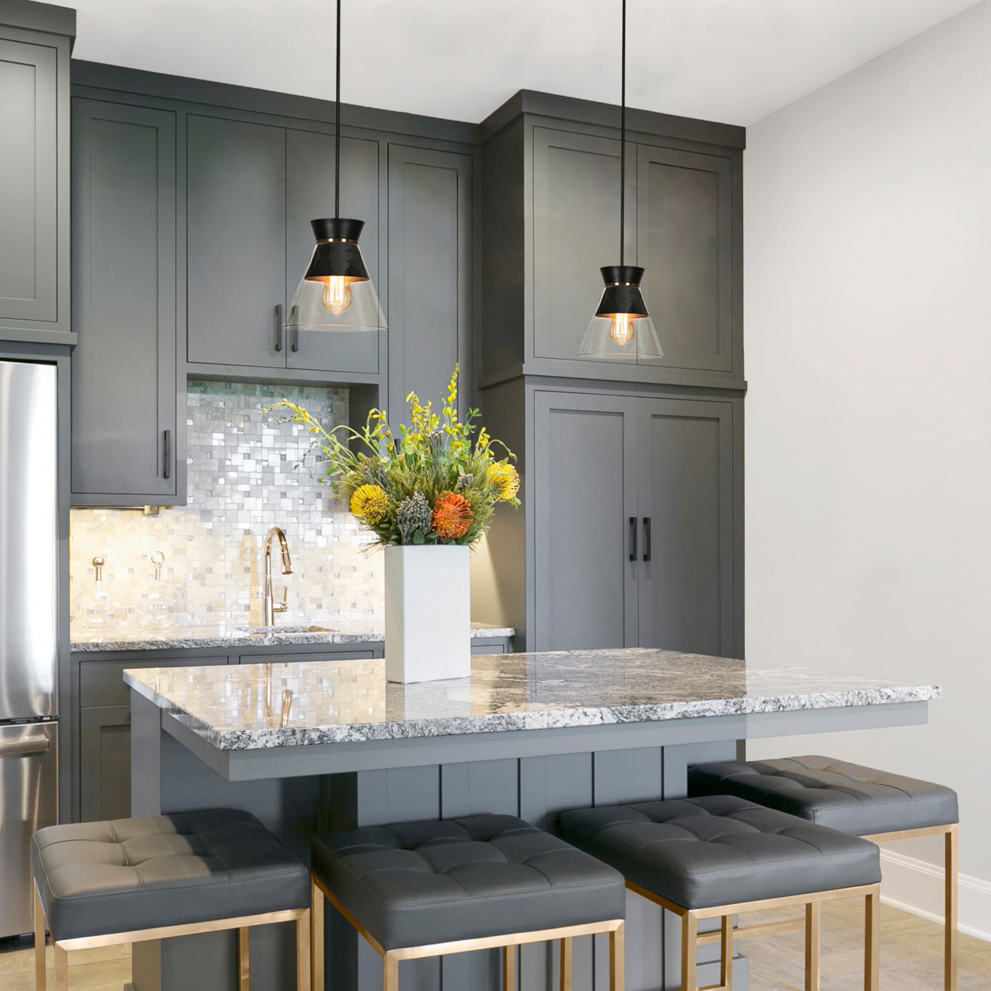 Noirlux Industrial Matte Black/Brass Gold Modern/contemporary Clear glass Cone Mini Hanging Kitchen island light