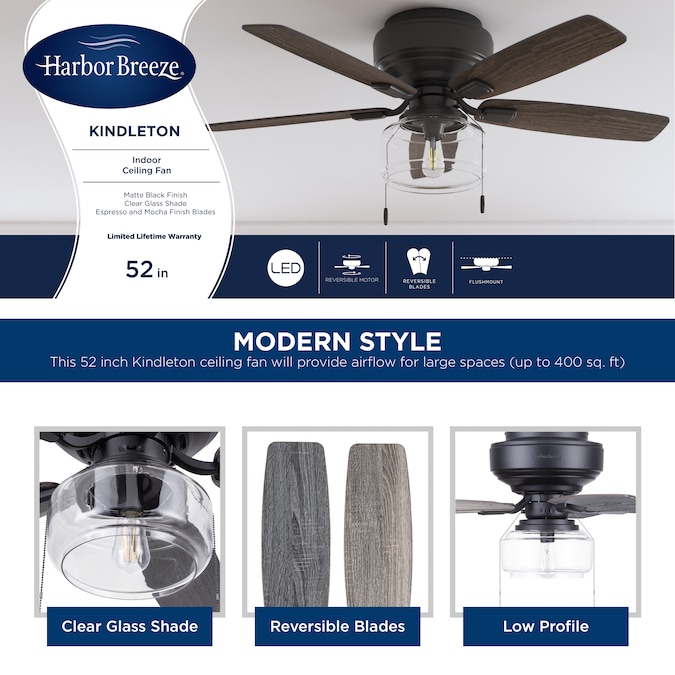 Harbor Breeze Kindleton 52-in Matte Black with Cocoa/Mocha Blades LED Indoor Flush Mount Ceiling Fan with Light (5-Blade) - Image 5