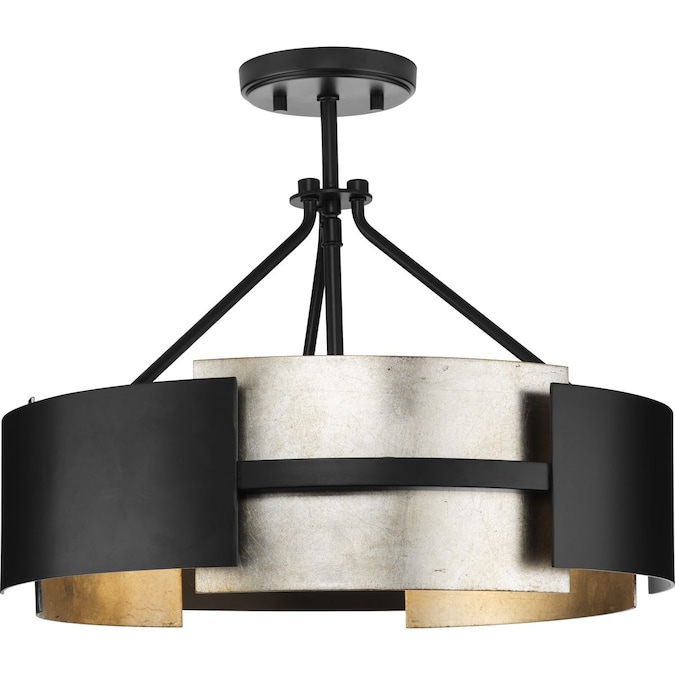 Progress Lighting Lowery 3-Light Matte Black with Aged Silver Leaf Accents Modern/Contemporary Drum Medium Hanging Convertible Pendant/semi-flush