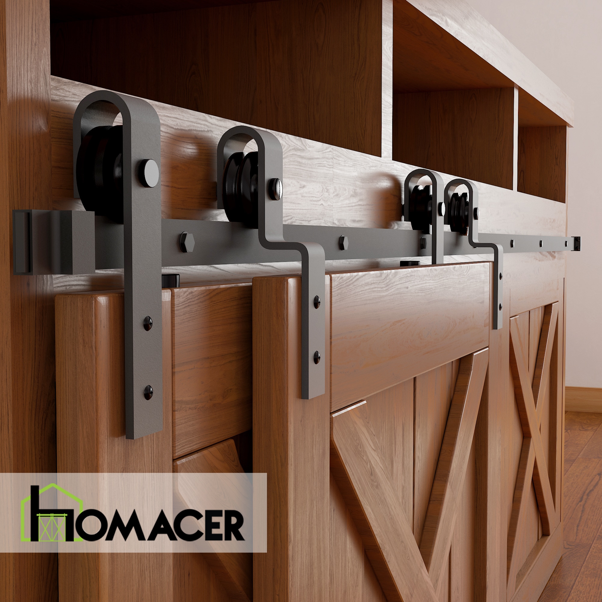 90-in Rustic black Black Indoor J-strap Double bypass Barn door hardware kit - Image 6