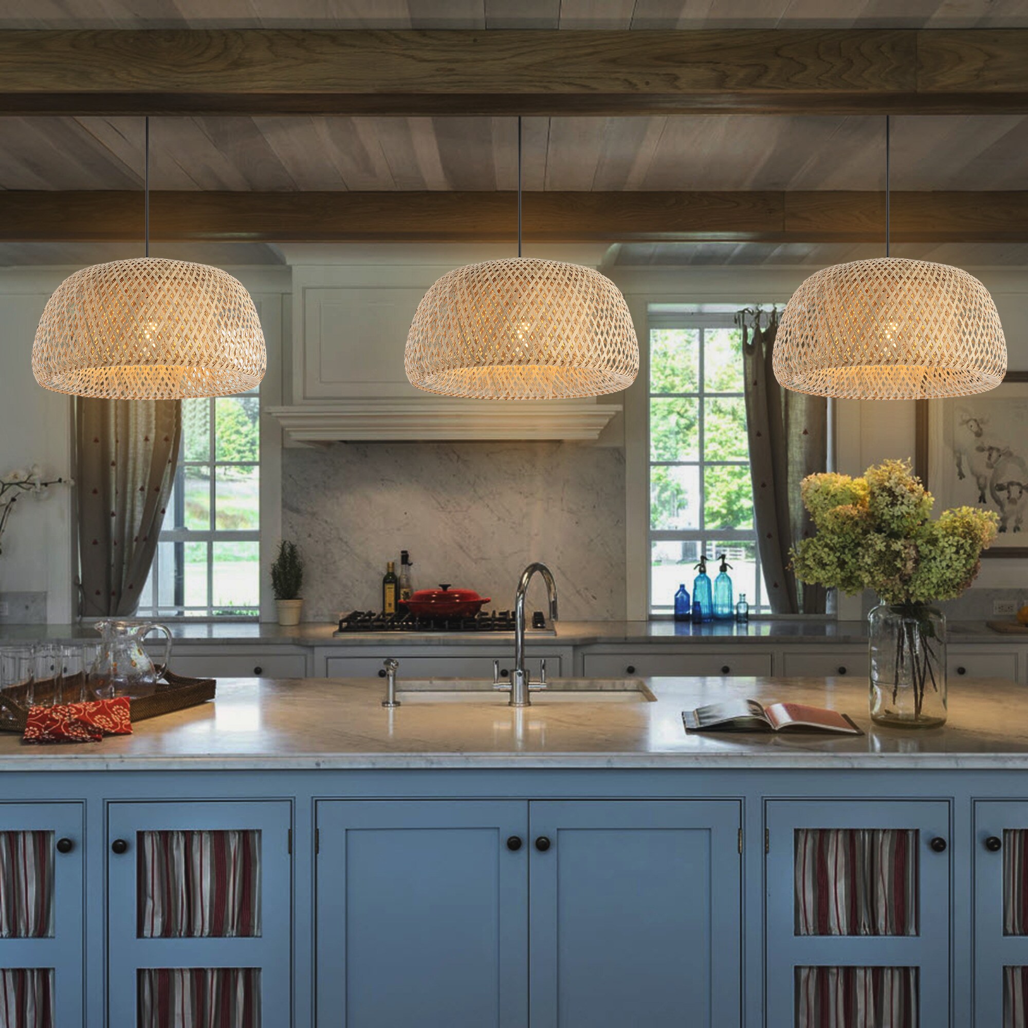 Mateo 18" Woven Bamboo Retro Diamond Farmhouse Coastal Brown Bohemian/global Bowl Medium Hanging Swag light - Image 8