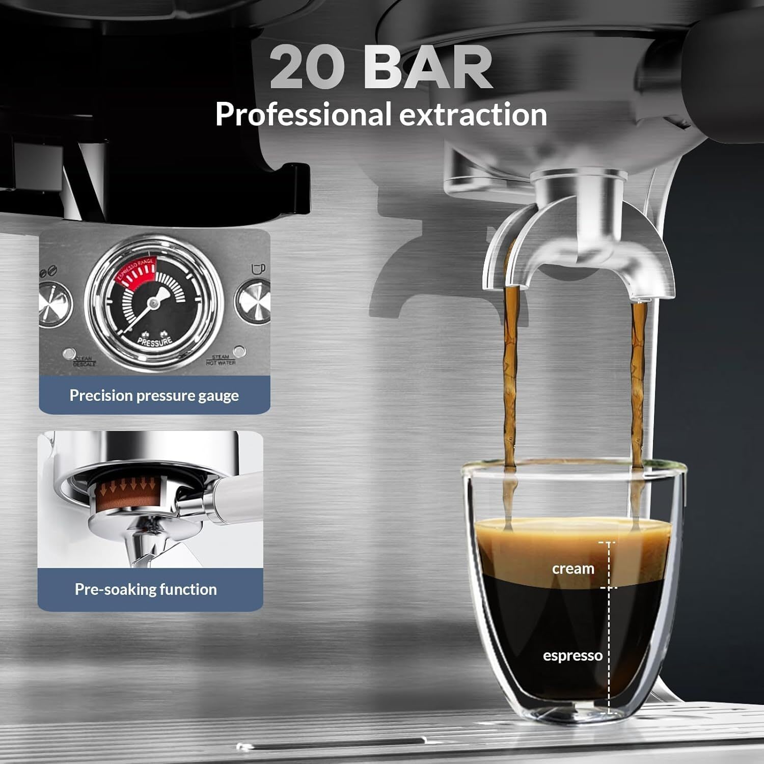 Semi-automatic espresso machine with grinder and milk frother 20 bar professional pressure large 95 oz removable water tank - Image 7