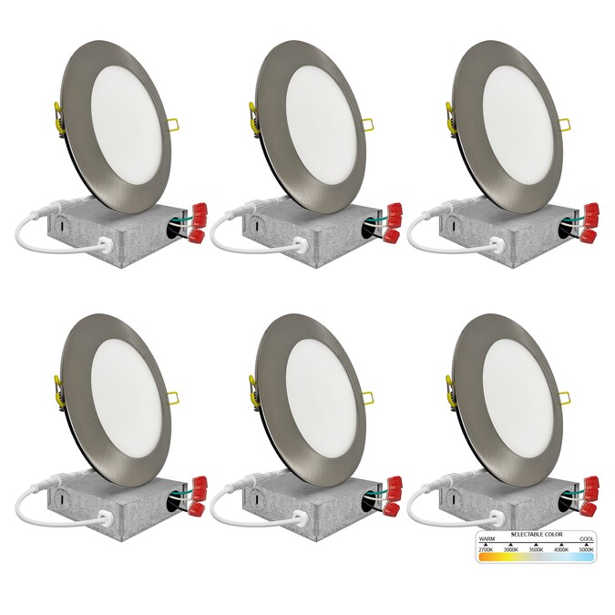 NUWATT Brushed Nickel 6-in 1050-Lumen Switchable Round Dimmable LED Canless Recessed Downlight (6-Pack)