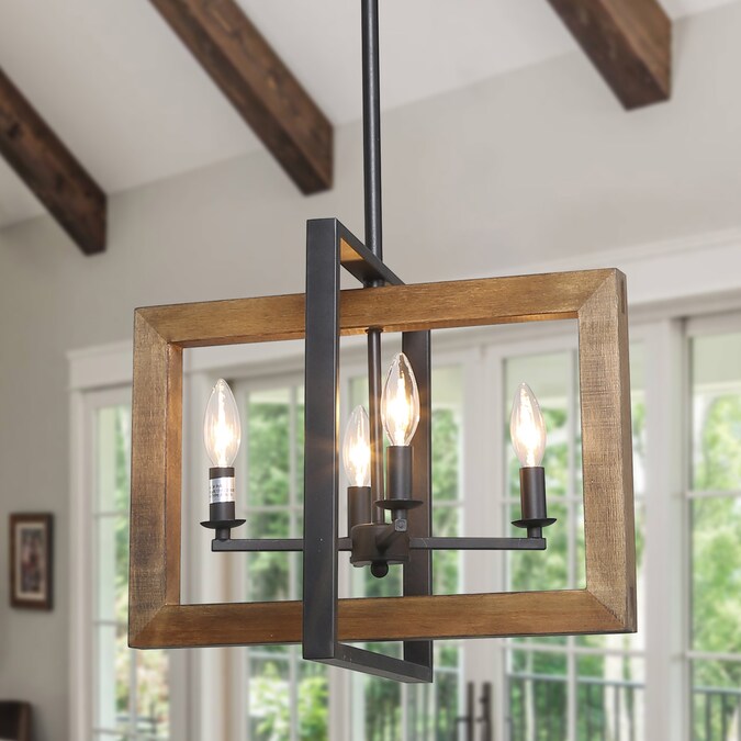LNC Laius 4-Light Matte Black and Distressed Brown Wood Farmhouse Geometric LED Medium Hanging Pendant Light