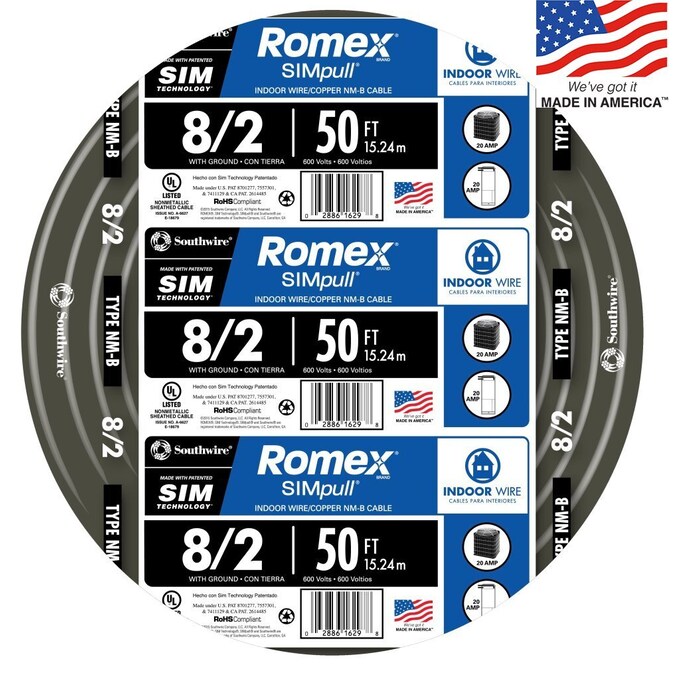 Southwire 50-ft 8/2 Romex SIMpull Stranded Indoor CU NM-B W/G Individual Pack (By-the-roll)