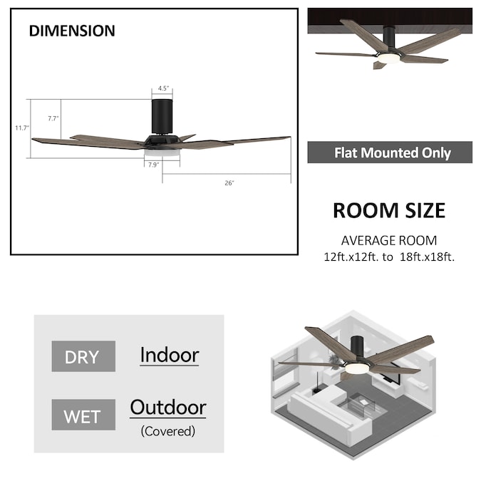 CARRO USA Voyager 52-in Black with Wooden Blades Indoor/Outdoor Flush Mount Smart Ceiling Fan with Light and Remote (5-Blade) - Image 9