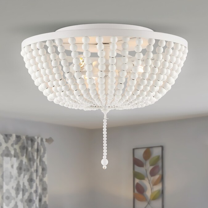 JONATHAN Y Allison Wood Beaded/Metal Shabby Chic Farmhouse 3-Light 15-in Antique White Led, Flush Mount Light - Image 2