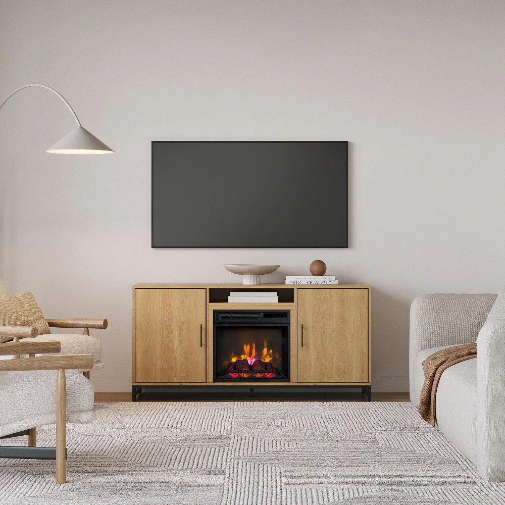 56-Inches W White Oak TV Stand with Infrared quartz Flat wall Electric Fireplace with Remote Control Included - Image 5