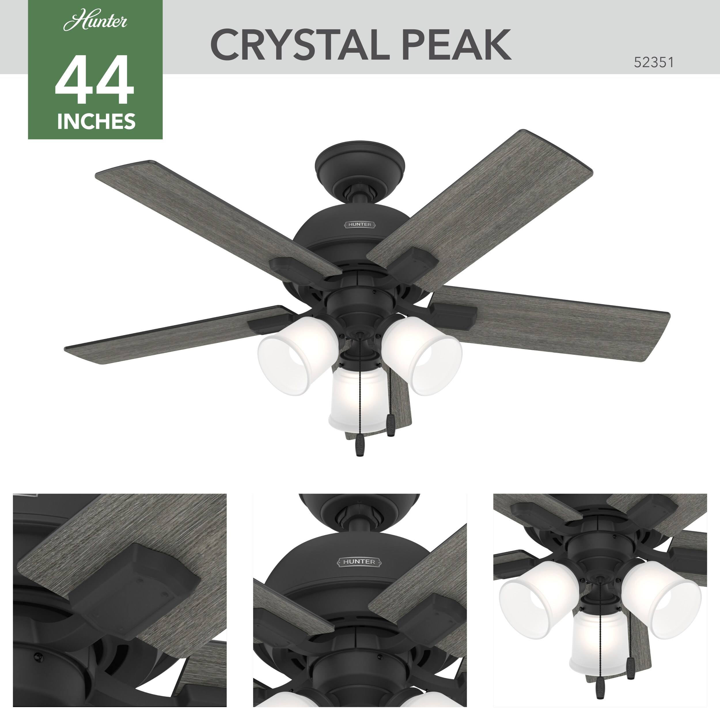Crystal Peak 44-in Matte Black with Dark Gray Oak Blades Ceiling Fan With Light ( 5 -Blade ) - Image 2