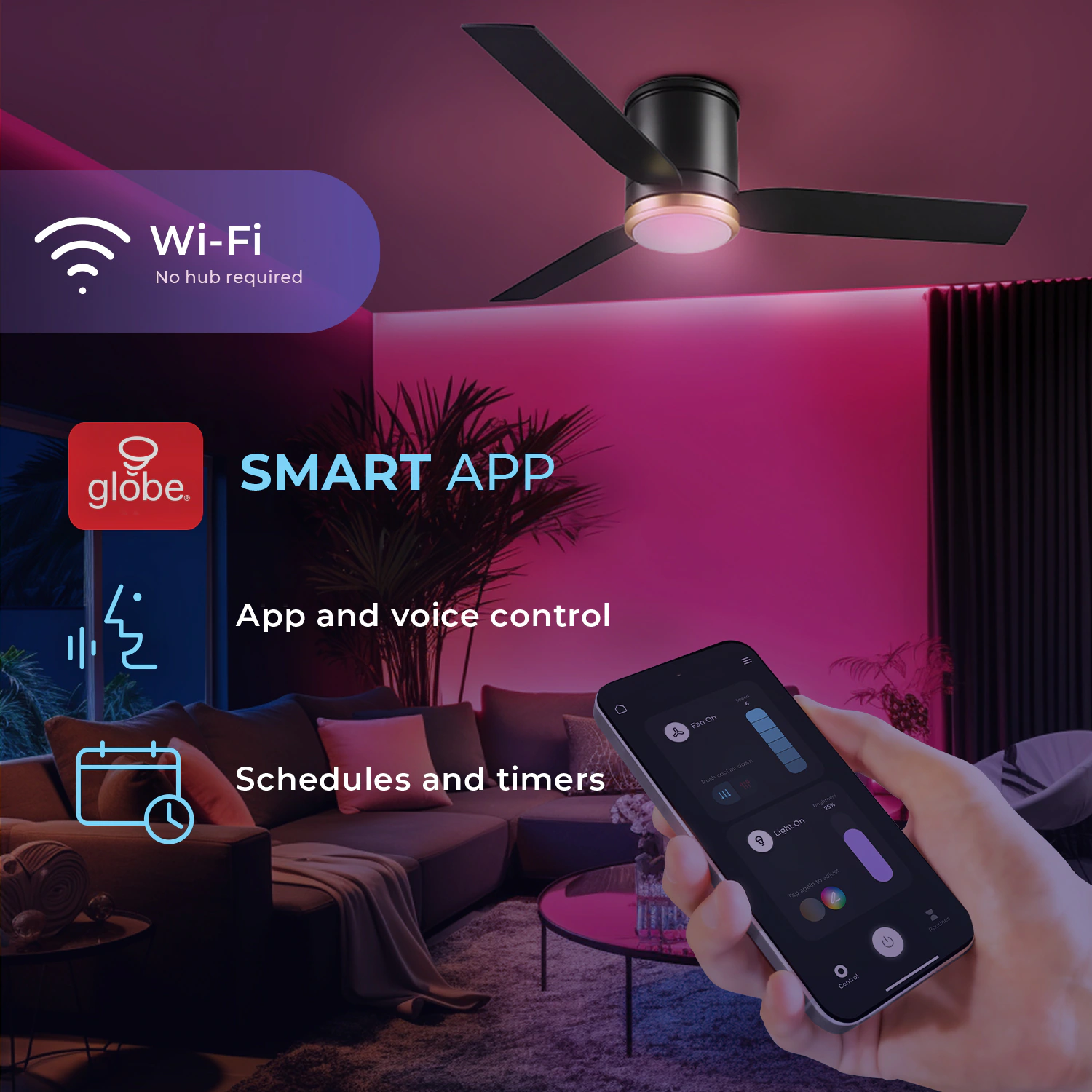 Caledon 52-in Color-Changing Integrated LED Outdoor Flush Mount Smart Black/Brushed Gold with Black Blades Ceiling Fan With Light - Remote Included ( 3 -Blade ) - Image 3