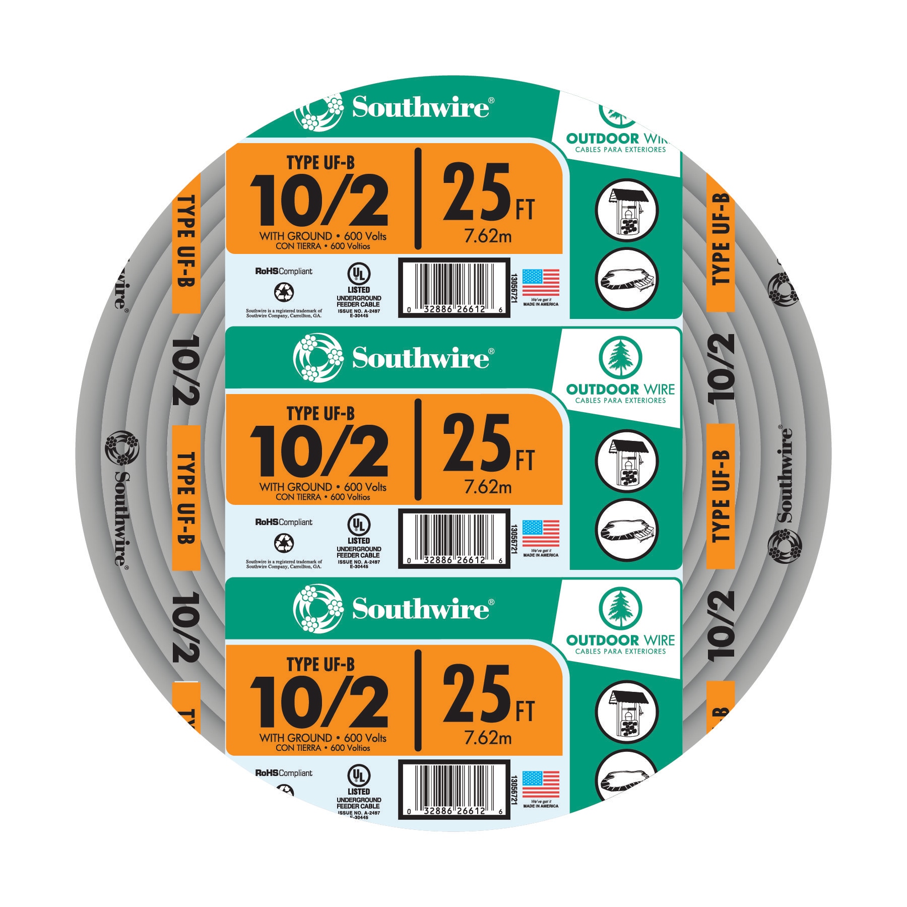 25-ft 10 / 2 Solid UF-B Wire W/G ( By-the-roll )