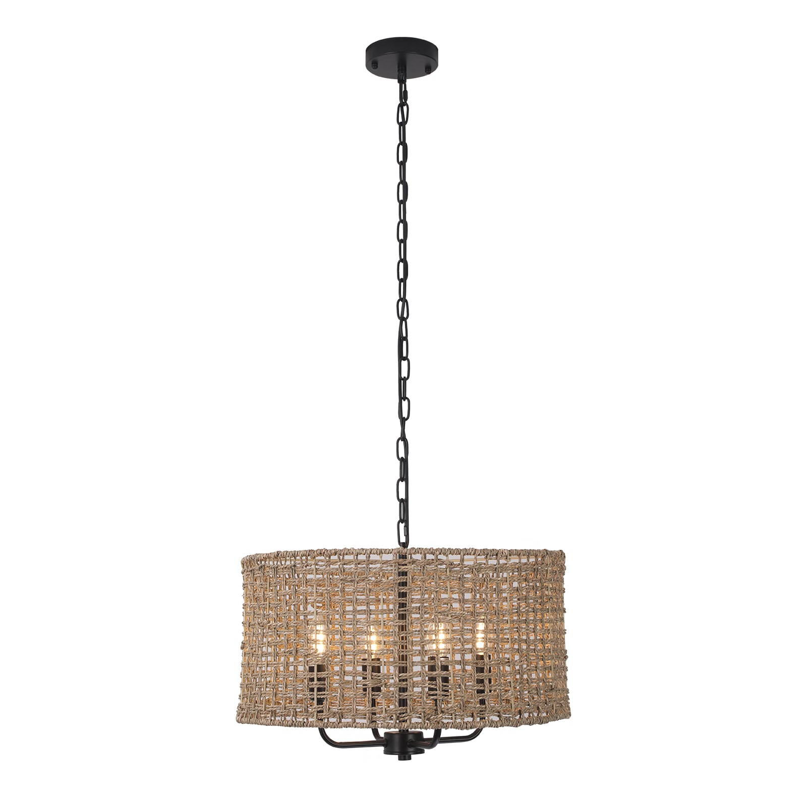 4 -Light 4-Light 19.68-in Retro Hand-woven Rattan Farmhouse Drum Medium Hanging Pendant light