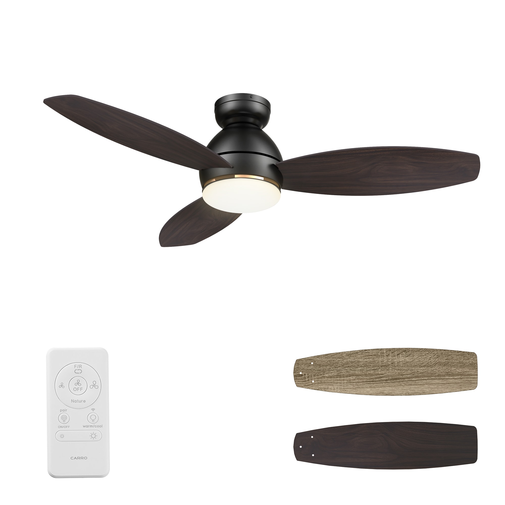 Bretton 48-in Integrated LED Outdoor Flush Mount Smart Black with Wooden/Walnut Blades Ceiling Fan With Light - Remote Included ( 3 -Blade )