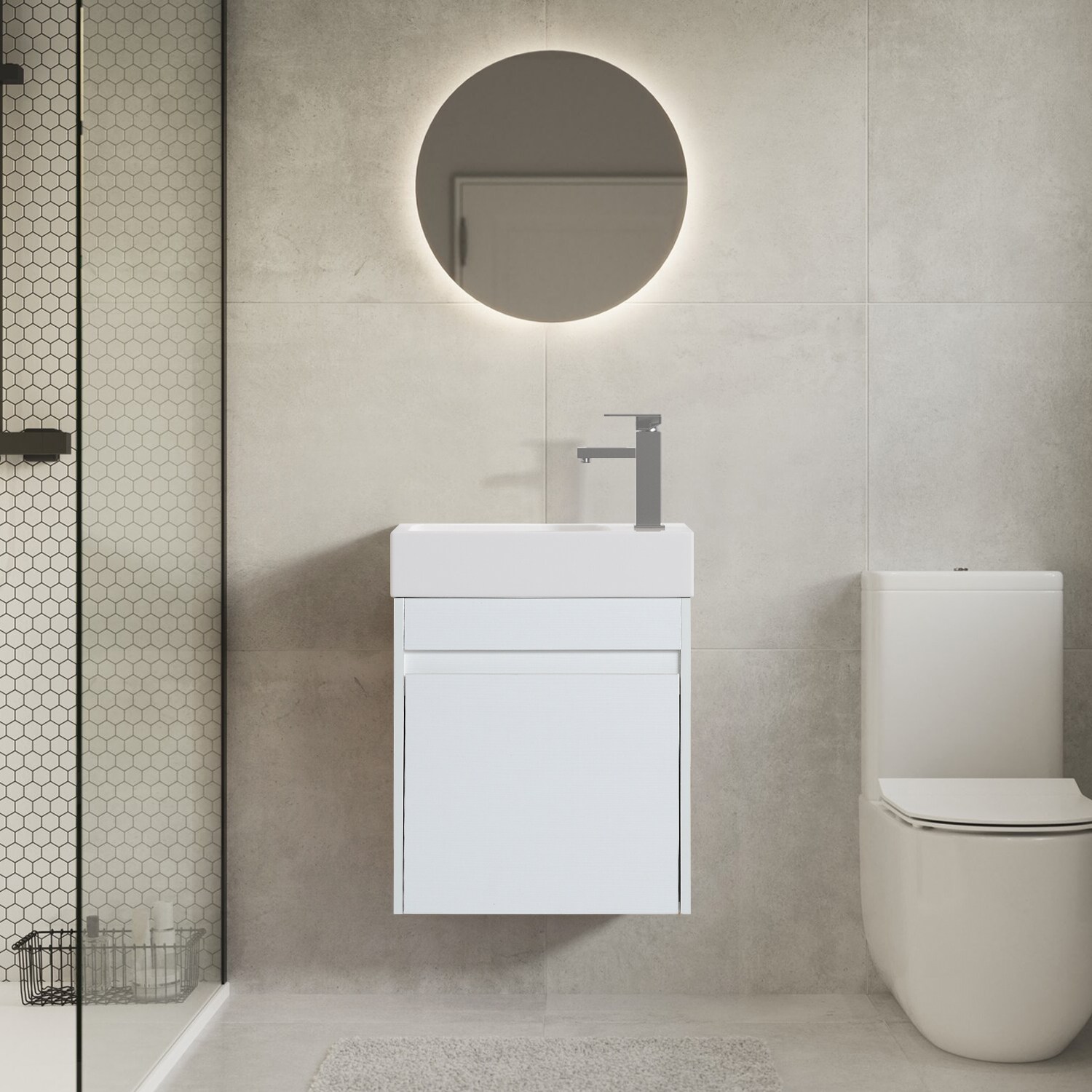 Floating Soft-Closing 18-in White Single sink Floating Bathroom Vanity with White Cultured marble Top