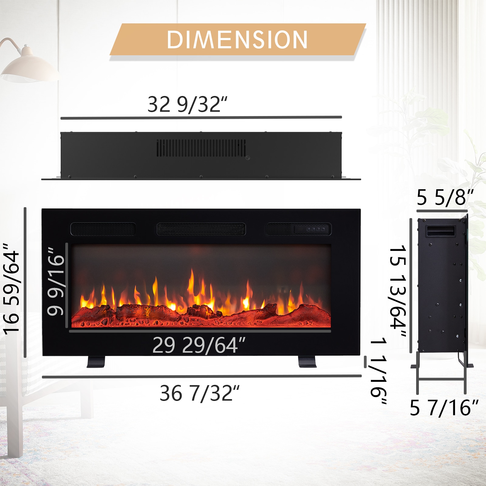 36.33-Inches W Black Wall mount Fan-forced Wall-mount Electric Fireplace with Remote Control Included - Image 6
