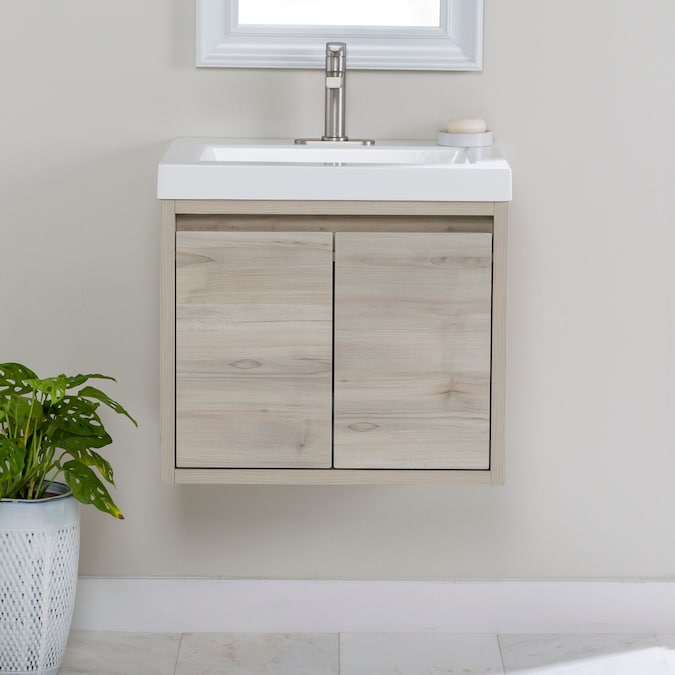 Diamond NOW Hollis 24-in Sable Brown Woodgrain Single Sink Floating Bathroom Vanity with White Cultured Marble Top