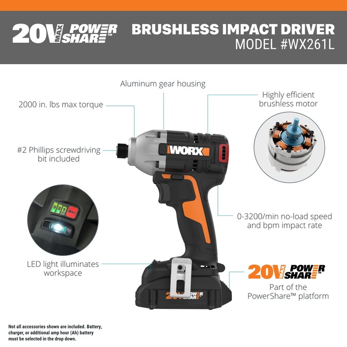 WORX Nitro Power Share 20-volt Max 1/4-in Cordless Impact Driver (1-Battery Included, Charger Included and Soft Bag included) - Image 2