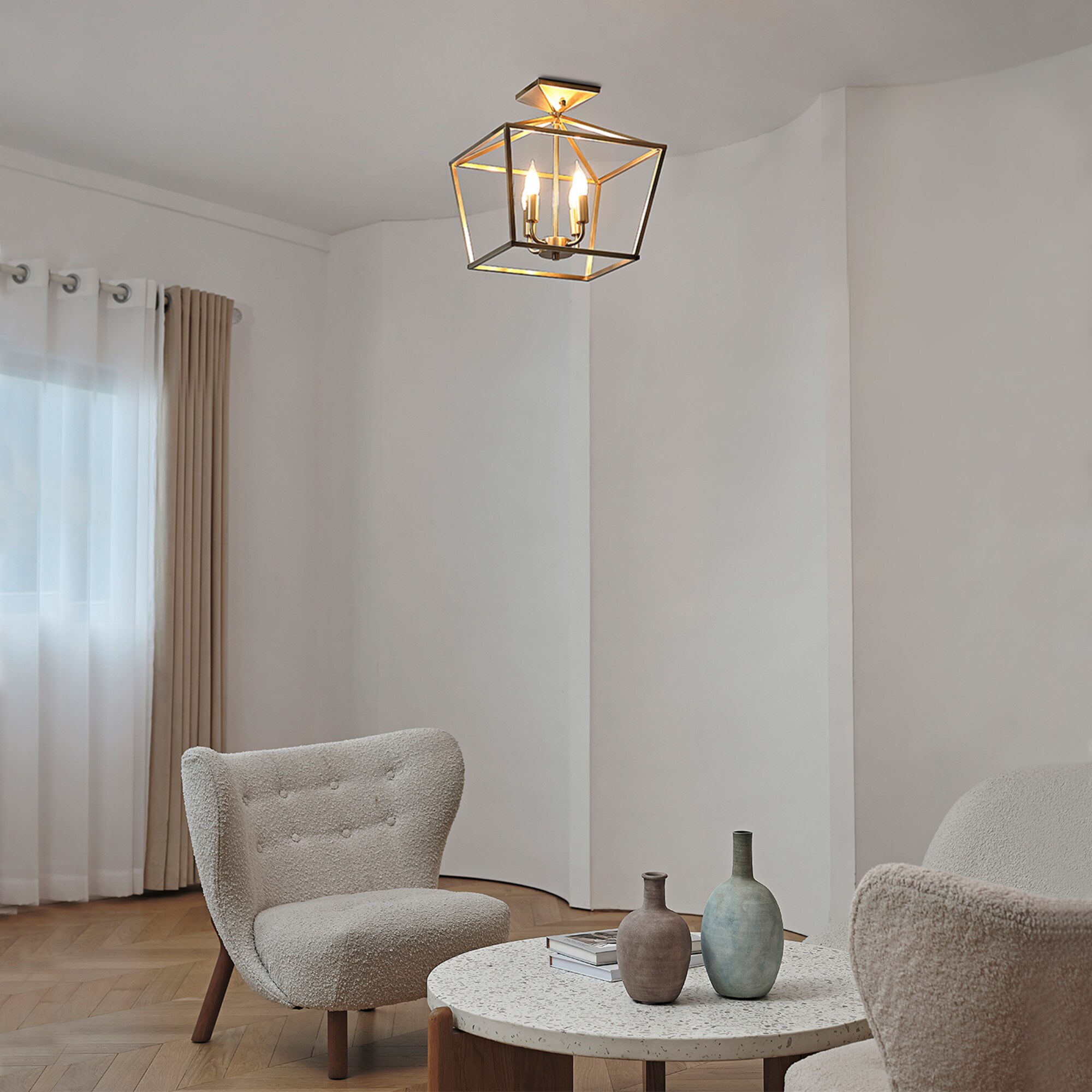 4 -Light 14-in Brass Semi Flush Mount Light - Image 3