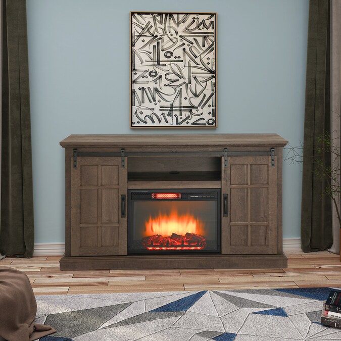 CASAINC 55-in W Brown TV Stand with Fan-forced Flat Wall Electric Fireplace with Remote Control Included