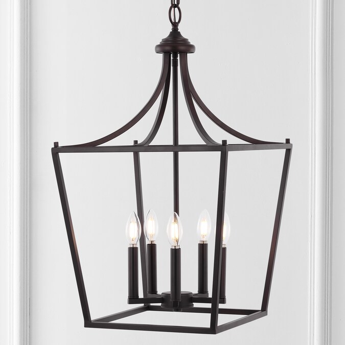 JONATHAN  Y Camden 16" Iron Classic Mid-Century 5-Light Oil Rubbed Bronze Farmhouse Lantern LED Medium Hanging Pendant Light