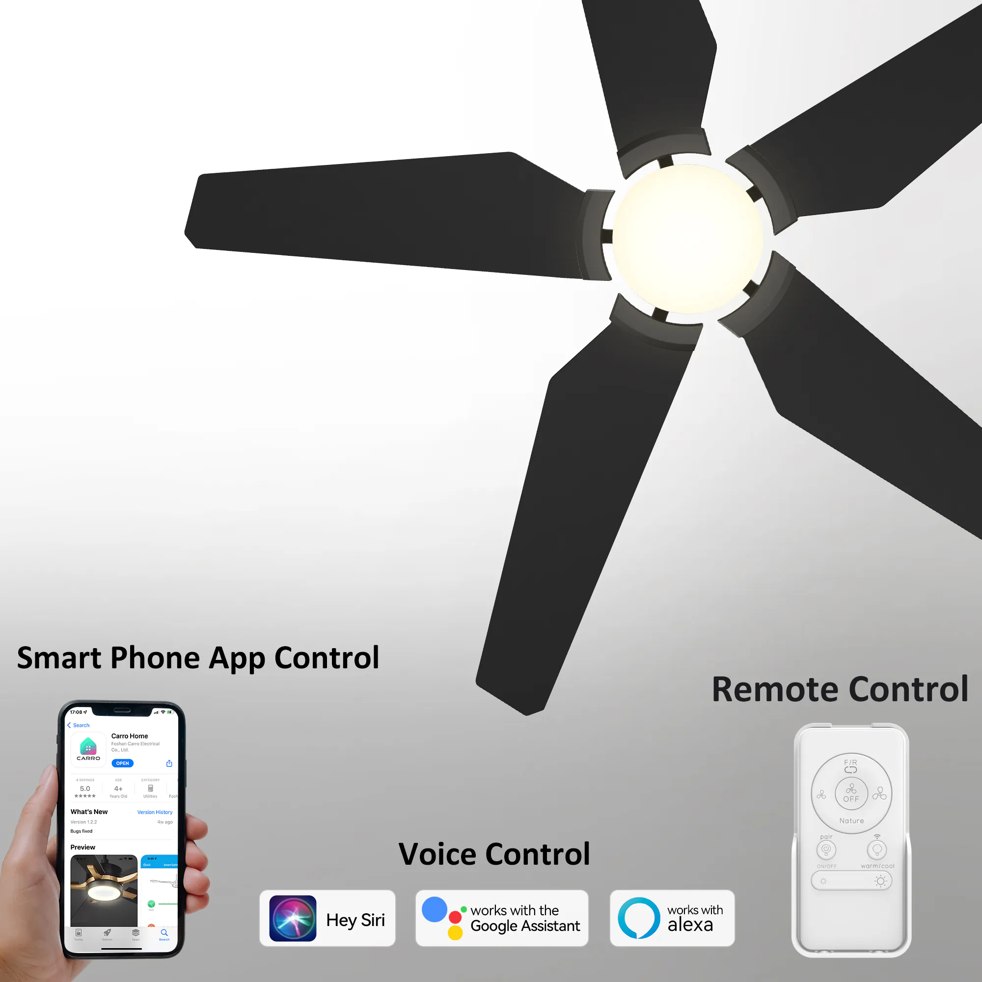 Voyager 52-in Integrated LED Outdoor Flush Mount Smart Black with Black Blades Ceiling Fan With Light - Remote Included ( 5 -Blade ) - Image 4