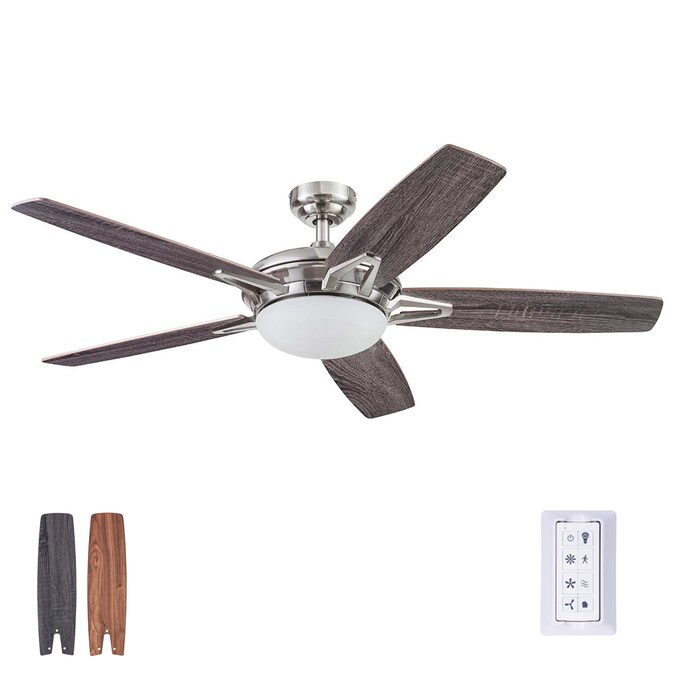 Prominence Home Clancy 52-in Brushed Nickel with Carmel Walnut, Coal Blades LED Indoor Ceiling Fan with Light and Remote (5-Blade)