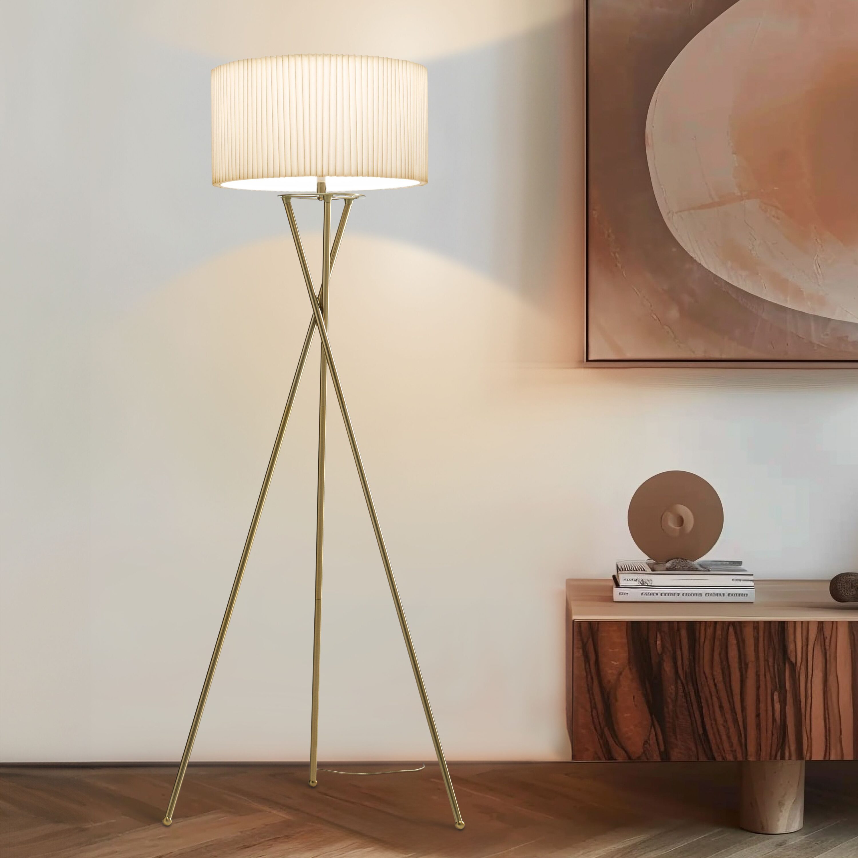 60-in Antique Brass Tripod Floor Lamp with Linen Shade