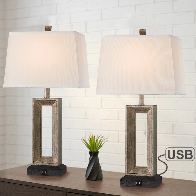 True Fine 27.4-in Bronze and Wood Tone LED Rotary Socket Table Lamp with Fabric Shade (Set of 2)