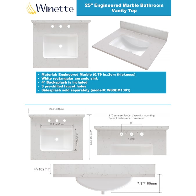 Winette 25-in x 22-in Carrara White Undermount Single Sink 3-Hole Bathroom Vanity Top - Image 2