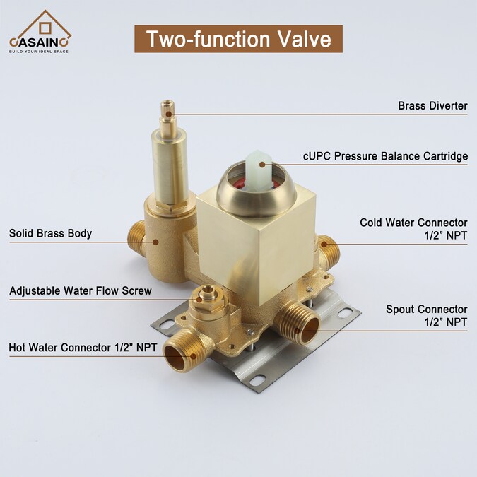 CASAINC Brushed Gold 10-in Built-In Shower Faucet System with 2-way Diverter (Pressure-balanced Valve Included) - Image 6