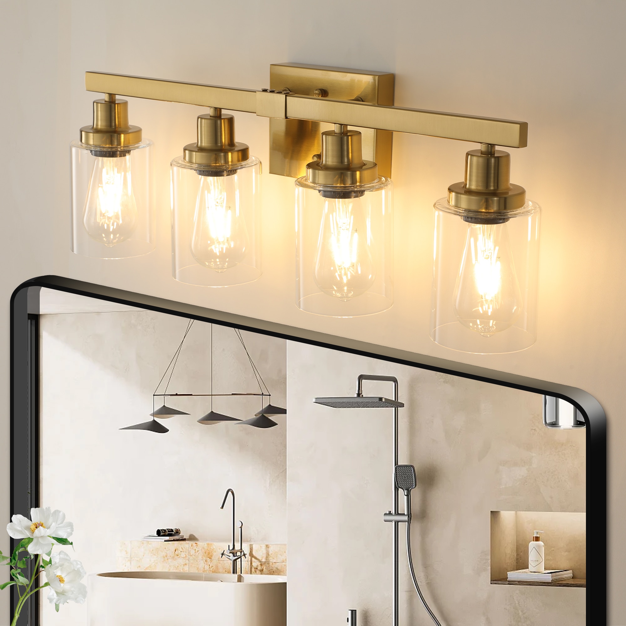 Vanity Light with Clear Glass Shades 24.2-in 4 -Light Gold Modern/contemporary Vanity light