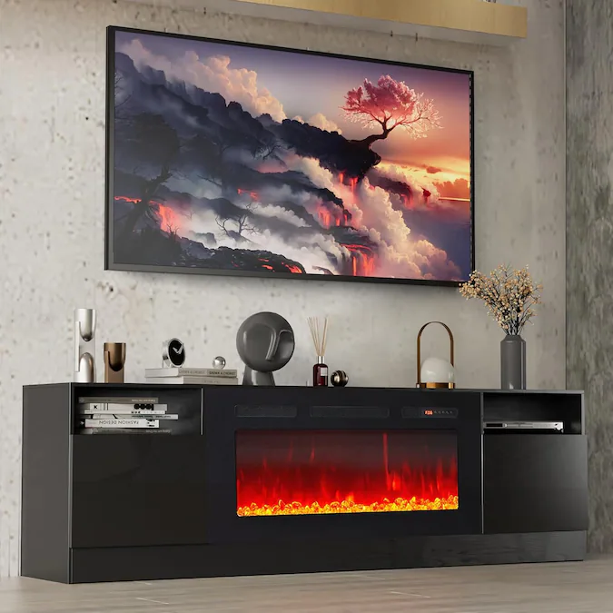 AOXUN 70-in W Black TV Stand with LED Flat Wall Electric Fireplace with Remote Control Included