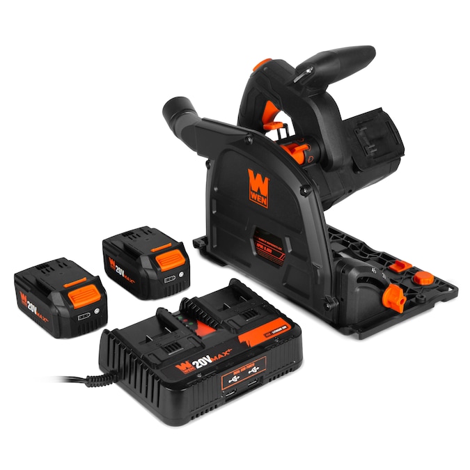 WEN 20V Max 6.5-Inch Cordless Brushless Plunge Cut Variable Speed Track Saw with Two 4.0 Ah Batteries and Charger