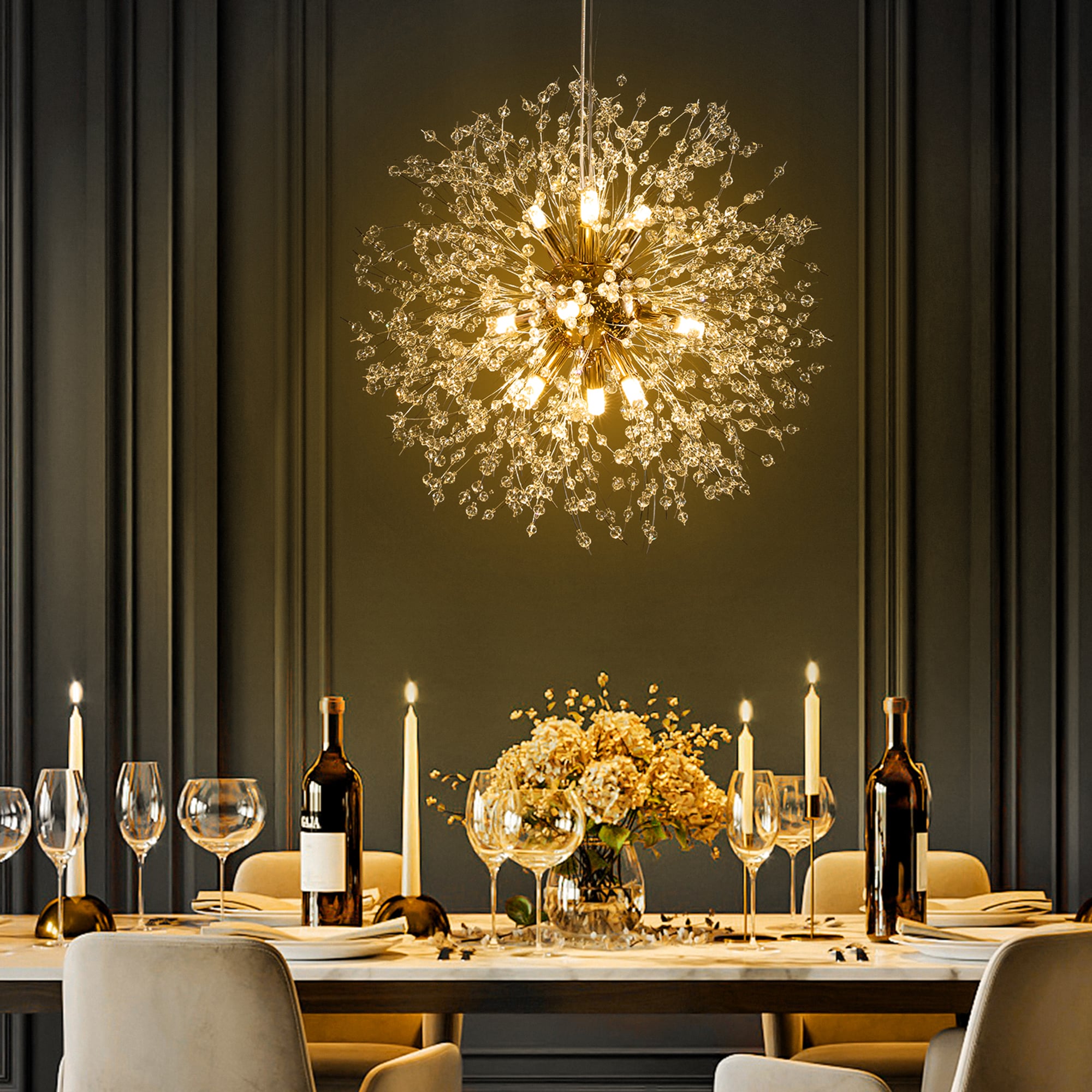 Eli 9 -Light Brushed Gold Glam Crystal For Use in Bedrooms, Dining Rooms, Foyers, Kitchens, Living Rooms Chandelier