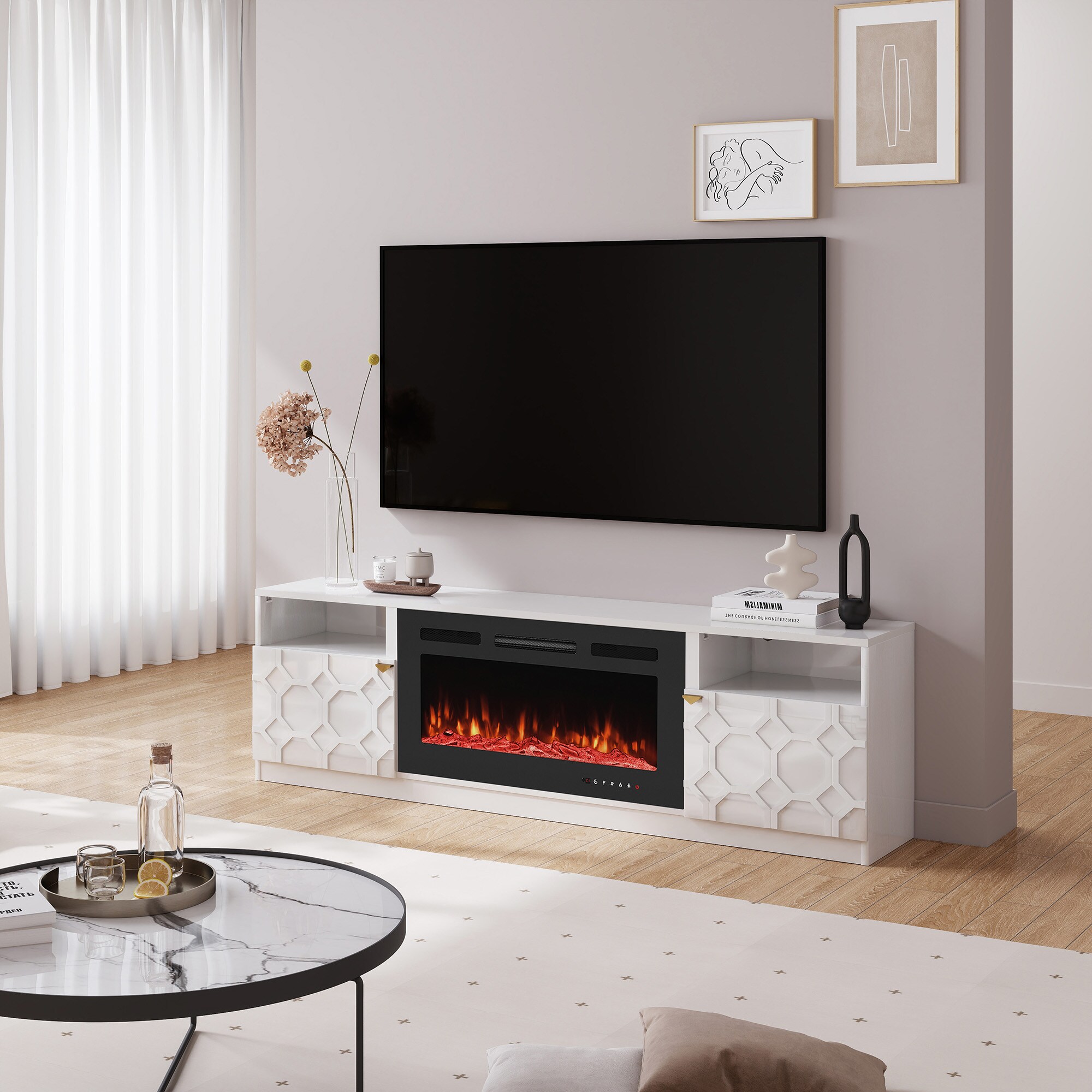 70.08-in W White TV Stand with Fan-forced Flat wall Electric Fireplace with Remote Control Included - Image 3