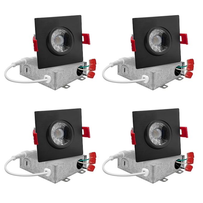 NUWATT Square Trim Canless Adjustable Lens Gimbal Lights Black 3-in 600-Lumen Switchable Square Dimmable LED Canless Recessed Downlight (4-Pack)