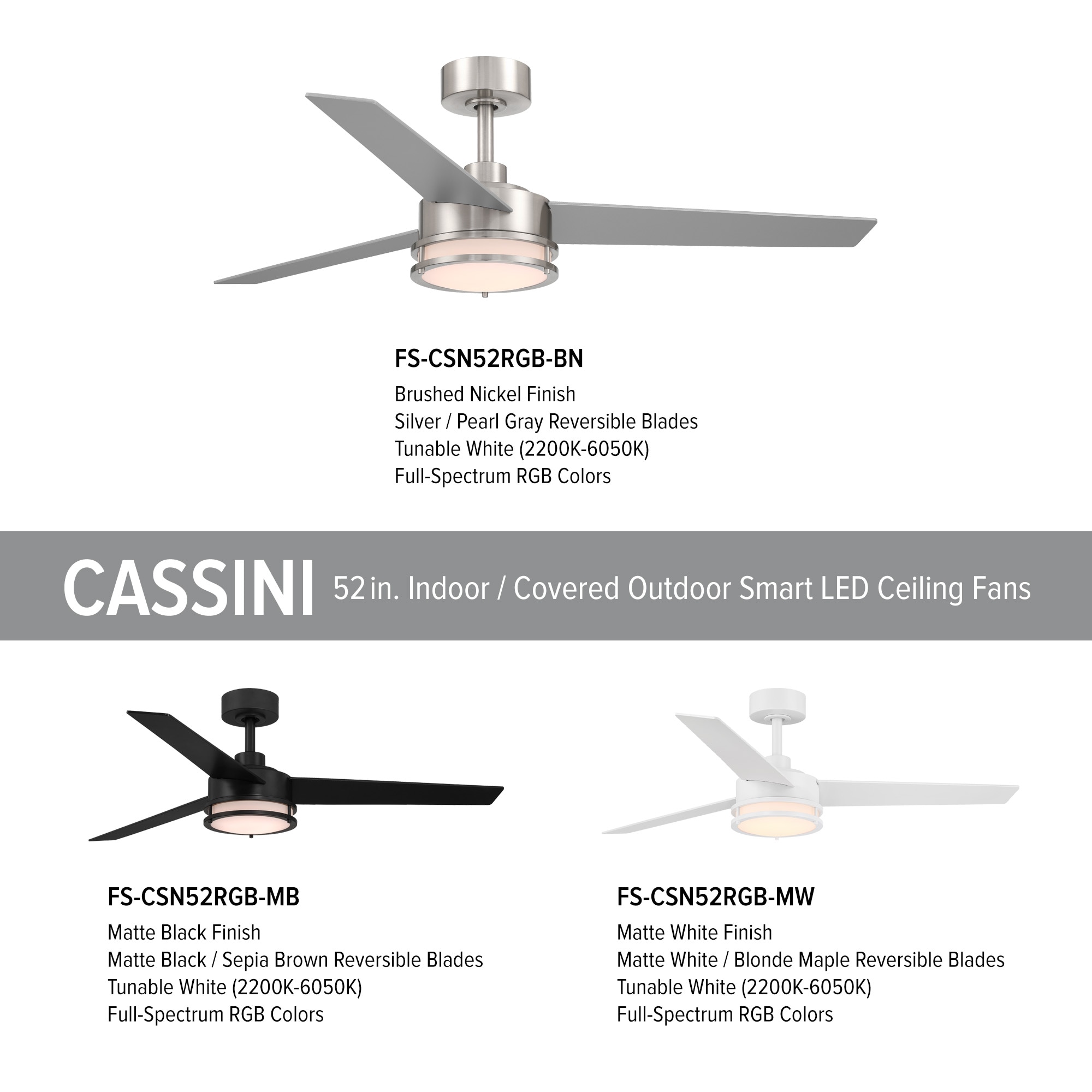 Cassini 52-in Color-Changing Integrated LED Outdoor Flush Mount Smart Brushed Nickel with Silver Blades Ceiling Fan With Light - Remote Included ( 3 -Blade ) - Image 18
