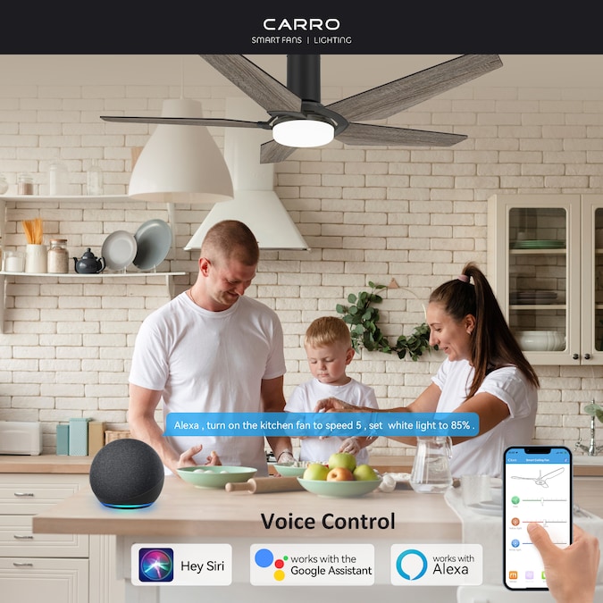 CARRO USA Voyager 52-in Black with Wooden Blades Indoor/Outdoor Flush Mount Smart Ceiling Fan with Light and Remote (5-Blade) - Image 3