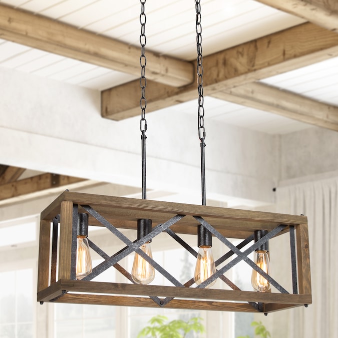 LNC Livia 4-Light Rustic Black and Brown Wood Farmhouse Linear LED Large Hanging Kitchen Island Light